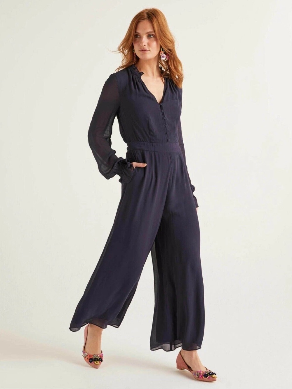 NWT Boden Sarah Frill Button Front Chiffon Jumpsuit Navy 10